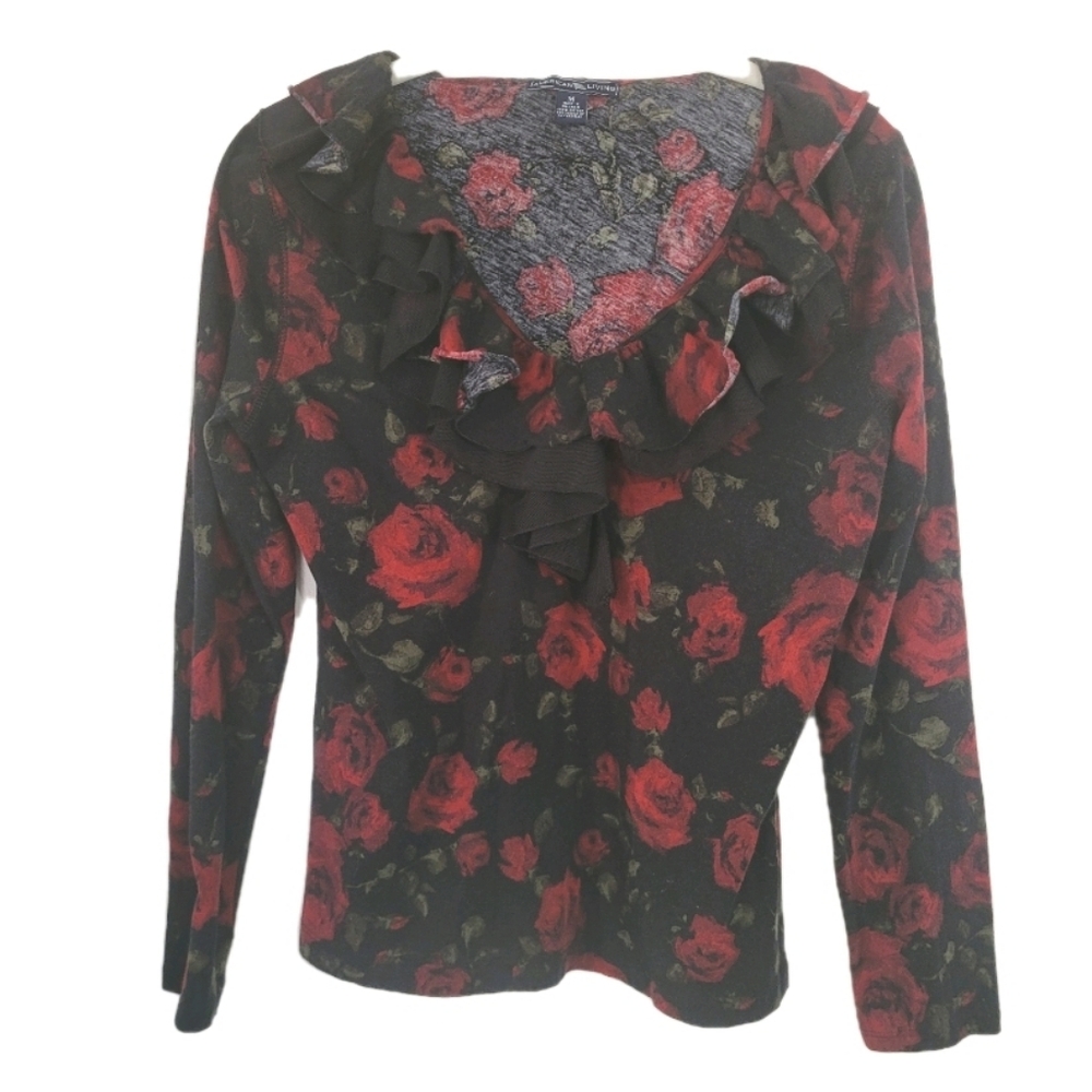 Y2k Rose V-neck Longsleeve Top Blouse Dark Romantic Ruffle Floral Whimsigoth M